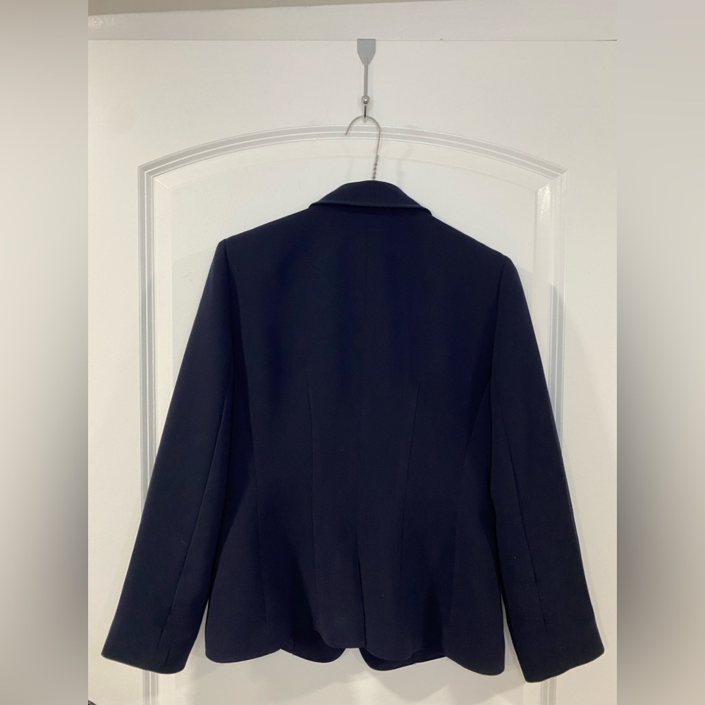 Tahari Arthur S Levine Navy Blazer 4P Petite One Button Silver Zip Career Jacket - Picture 4 of 7
